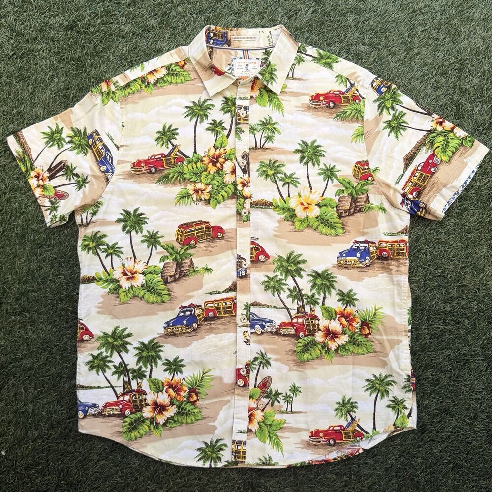 Denim & Flower Hawaiian Shirt Tropical Car Print Slim Fit XL Mens Button Down